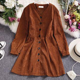 Button-detail V-neck Dress