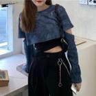 Long-sleeve Tie-dyed Crop Top Blue - One Size