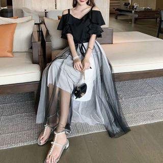 Set: Ruffle Cold Shoulder Midi Shift Dress + Two-tone Mesh Midi A-line Skirt