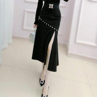 Faux Pearl Midi A-line Skirt