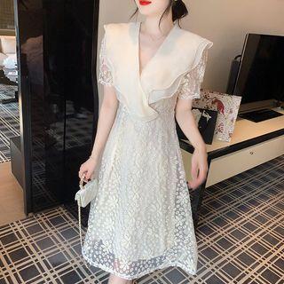Short-sleeve Ruffled Collar Lace A-line Dress