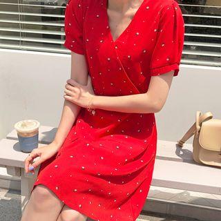 Puff-sleeve Patterned Mini Dress Red - One Size