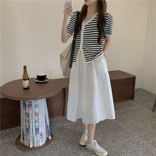 Short-sleeve Striped Button-up Top / High-waist Plain A-line Midi Skirt