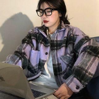 Plaid Button-up Coat Plaid - Black & Purple - One Size