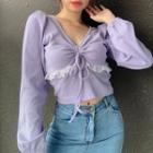 Plain V-neck Lace-up Puff-sleeve T-shirt