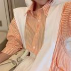 Striped Long-sleeve Shirt / Plain Shawl