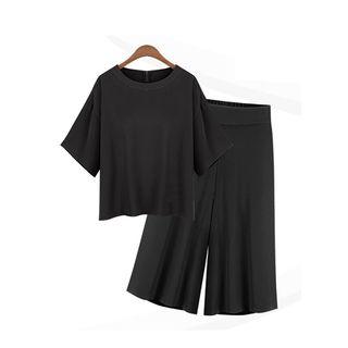 Set: Elbow-sleeve Top + Cropped Wide-leg Pants