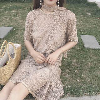 Set : Lace Short-sleeve Dress + Spaghetti Strap Dress