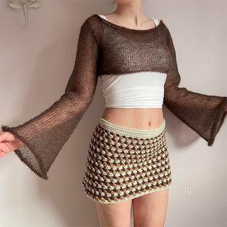 Bell-sleeve Loose Knit Crop Top