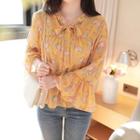 Bell-sleeve Shirred Floral Chiffon Blouse