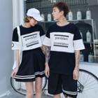 Couple Matching Elbow-sleeve Letter T-shirt / Striped Trim Shorts / A-line Mini Skirt / Set