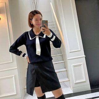 Collared Tow-tone Knit Top With Tie