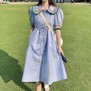 Short-sleeve Contrast Trim Doll-collar Midi Shirtdress