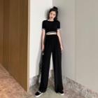 Short-sleeve Contrast Trim Cropped T-shirt / Wide-leg Pants