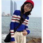 Color Block Cropped Knit Top Stripe - Blue - One Size