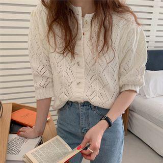 3/4-sleeve Perforated Cardigan White - One Size