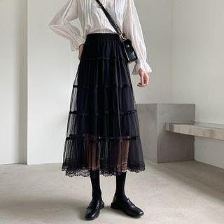 Lace Trim Mesh Midi A-line Dress