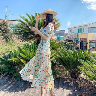 High Low Floral Short-sleeve Midi A-line Dress