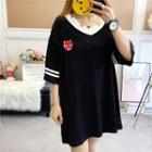 Elbow-sleeve Contrast Trim Applique T-shirt