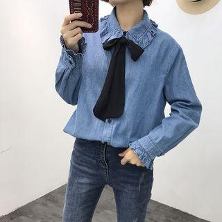Ribbon-neck Denim Shirt Light Blue - One Size