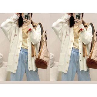 Set Of 3: Knit Cardigan + Striped Top + Denim Pants