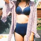 Set: Halter-neck Bikini Top + High-waist Bottom + Floral Cover-up