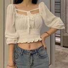 Square Neck Chiffon Tie-waist Puff Sleeve Crop Top White - One Size