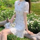 Puff-sleeve Floral Mini A-line Qipao Dress