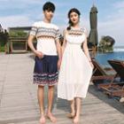 Couple Matching Fringe Trim Sleeveless Midi Dress / Printed Short-sleeve T-shirt / Shorts