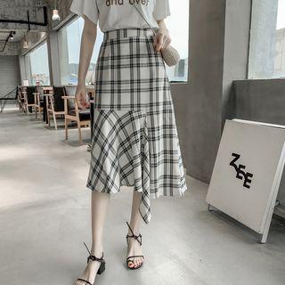 Asymmetric Plaid A-line Midi Skirt