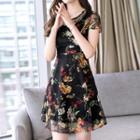 Flower Embroidered Cap-sleeve A-line Dress