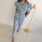 Puff-shoulder Denim Shirtwaist Jumpsuit Light Blue - One Size