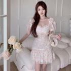 Square-neck Floral Lace Mini Dress
