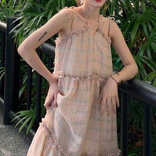 Spaghetti-strap Plaid Ruffled Dress