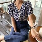 V-neck Piped Floral Blouse