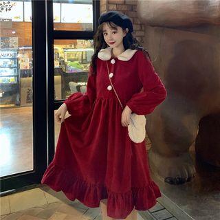 Long-sleeve Midi Corduroy A-line Dress Red - One Size