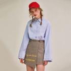 Letter-embroidered Layered-cuff Shirt Light Blue - One Size