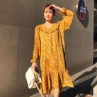Ruffle-trim Floral Print Dress Mustard Yellow - One Size
