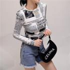 Round-neck Printed Letter Drawstring Cropped Top White - One Size