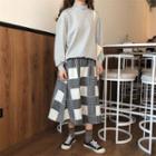 Plain Mock Neck Pullover / Plaid Midi A-line Skirt