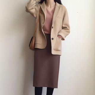 Single-breasted Jacket / Knit Top / Midi Straight-cut Skirt