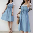 Set: Plain T-shirt + Button-front Pinafore Dress