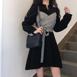 Mock Two-piece Long-sleeve Plaid A-line Shirt Dress
