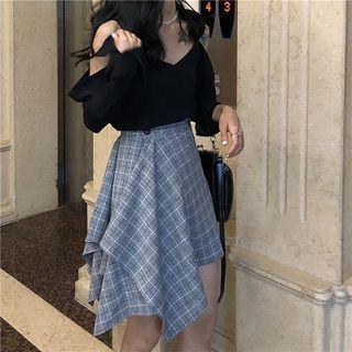 Plain Off-shoulder Long-sleeve Top / Plaid High-waist Skirt