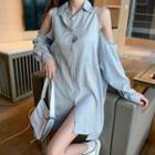 Cold Shoulder Striped Shirt Dress As Shown In Figure - One Size