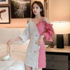 Cold-shoulder Paneled Gingham Double-breasted A-line Dress