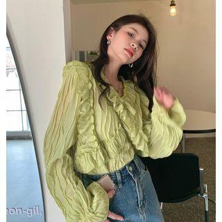 Flared-cuff Ruffled Blouse Green - One Size