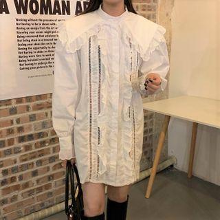 Long-sleeve Ruffle Trim Mini Dress White - One Size