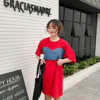 Denim Panel Loose-fit Mock-two Long T-shirt