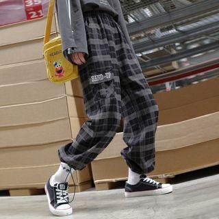 Embroidered Plaid Cropped Harem Pants